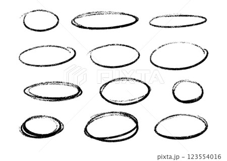 Crayon highlight set of black oval frames with distressed texture. Hand drawn shapes of raw brush strokes and irregular circular outlines on white background for artistic emphasis marks and borders. Crayon highlight set of black oval frames with distressed texture. Hand drawn shapes of raw brush strokes and irregular circular outlines on white background for artistic emphasis marks and borders. 123554016