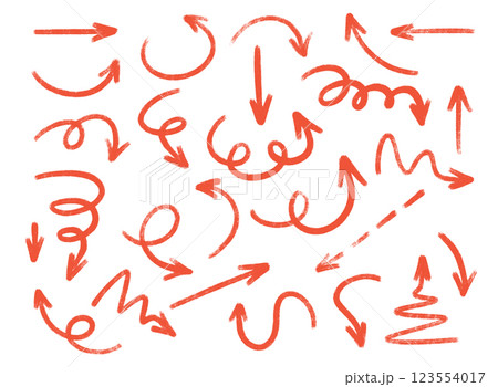 Red crayon arrow collection with diverse directional markers on white background. Hand drawn pointers for infographics, presentations or education design. Brush stroke indicators with grunge texture. Red crayon arrow collection with diverse directional markers on white background. Hand drawn pointers for infographics, presentations or education design. Brush stroke indicators with grunge texture. 123554017