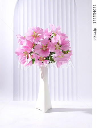Beautiful mallow flowers in vase on elegant modern background, spring and summer banner for product advertising, abstract floral arrangement, holiday card, selective focus 123554031