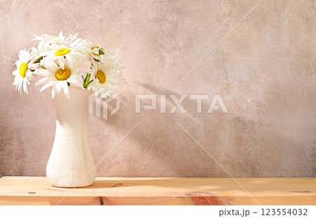 Beautiful daisy flowers in vase on elegant modern background, spring and summer product advertising banner, abstract floral arrangement, holiday greeting card with space for text, selective focus Beautiful daisy flowers in vase on elegant modern background, spring and summer product advertising banner, abstract floral arrangement, holiday greeting card with space for text, selective focus 123554032