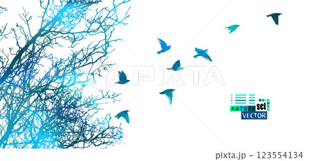 Blue trees with flying birds silhouette. hand drawing. Not AI Vector illustration Blue trees with flying birds silhouette. hand drawing. Not AI Vector illustration 123554134