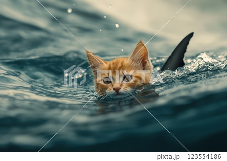 a cat swims on the surface of the sea, followed by a shark fin a cat swims on the surface of the sea, followed by a shark fin 123554186
