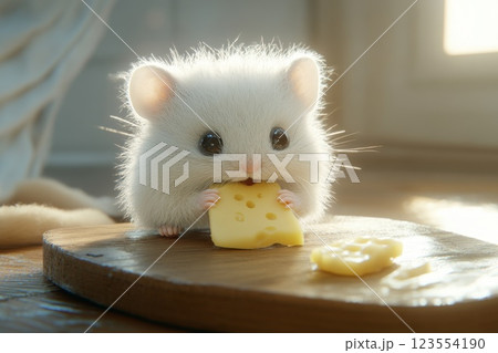 a small white mouse on a wooden board sniffs a piece of cheese a small white mouse on a wooden board sniffs a piece of cheese 123554190