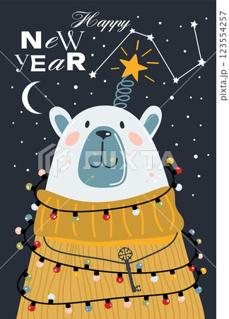 Christmas card with cute polar bear and lights on cosmos background 123554257