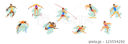 Man Athlete Characters in Action Perform Sport Activity Vector Set 123554292