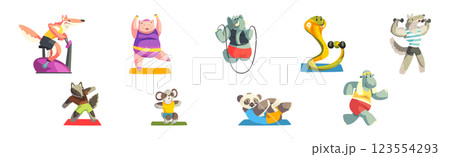Funny Animals Doing Sport and Physical Exercise Vector Set 123554293