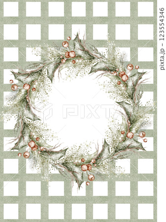 Watercolor Coquette Christmas Card Template with coquette bow. Hand painted printable card with red ribbon for a family photo. Holiday frame for invitations, greeting cards, newborn, kids and nesting. 123554346