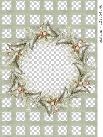 Watercolor Coquette Christmas Card Template with coquette bow. Hand painted printable card with red ribbon for a family photo. Holiday frame for invitations, greeting cards, newborn, kids and nesting. 123554346