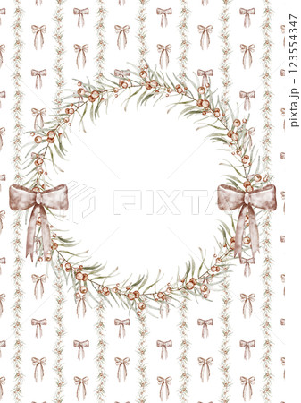 Christmas card Party Invitation Template With Red Bow And A Plaid Background. Watercolor Hand painted printable background with Grandmillennial wallpaper for a family photo. Vertical Holiday frame. 123554347