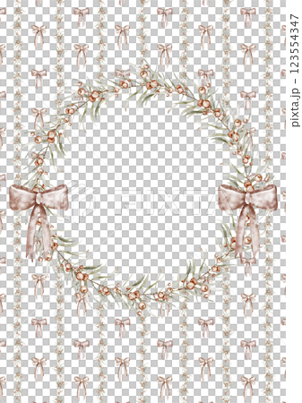 Christmas card Party Invitation Template With Red Bow And A Plaid Background. Watercolor Hand painted printable background with Grandmillennial wallpaper for a family photo. Vertical Holiday frame. 123554347