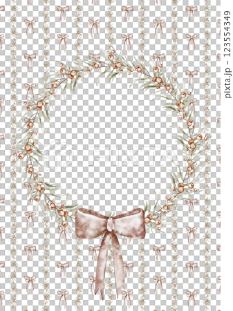 Watercolor Coquette Christmas Card Template with coquette bow. Hand painted printable card with red ribbon for a family photo. Holiday frame for invitations, greeting cards, newborn, kids and nesting. 123554349