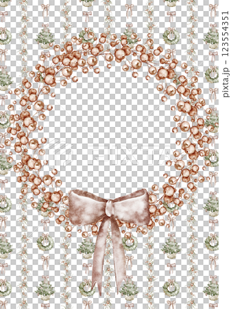 Watercolor Christmas photo card template with spruce wreath. Hand painted printable background with Grandmillennial wallpaper for a family photo. Holiday frame for invitations, greeting cards kids. 123554351