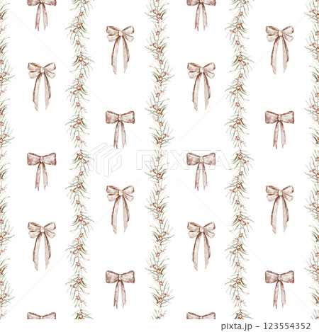 Watercolor Christmas wallpaper with red bow in style Grandmillennial. Hand drawn seamless pattern with vertical striped and pink ribbon. Holiday ornament with retro bows knots celebration wrap paper. Watercolor Christmas wallpaper with red bow in style Grandmillennial. Hand drawn seamless pattern with vertical striped and pink ribbon. Holiday ornament with retro bows knots celebration wrap paper. 123554352