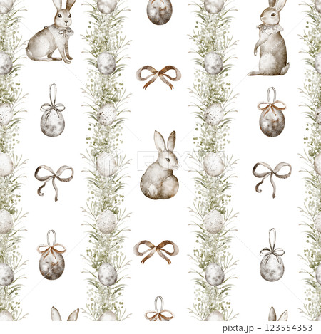 Watercolor easter bunny wallpaper in style Grandmillennial. Hand drawn seamless pattern with vertical striped and bow, rabbit, hare. Holiday ornament with spruce branch, eggs for celebration backdrop. 123554353