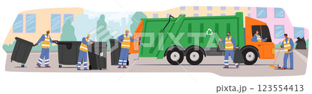 Garbage truck workers characters collecting trash for recycling, cleaning city street cartoon scene 123554413