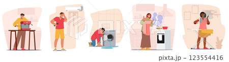 Fatigue people in panic feeling upset due to problems with home appliance cartoon scene set Fatigue people in panic feeling upset due to problems with home appliance cartoon scene set 123554416