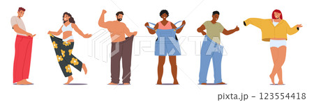 Slimming people characters wearing plus size clothing rejoicing weight loss success standing in row Slimming people characters wearing plus size clothing rejoicing weight loss success standing in row 123554418