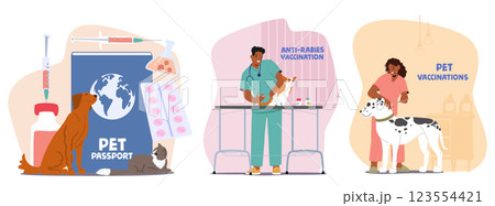 Pet vaccination and anti-rabies therapy for pets, vet passport for travel and healthcare procedure 123554421