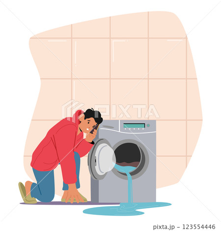 Upset man calling emergency service by smartphone discovering broken washing machine leakage 123554446