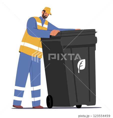 Man collector character pushing container with organic waste engaged in city clean job occupation Man collector character pushing container with organic waste engaged in city clean job occupation 123554459