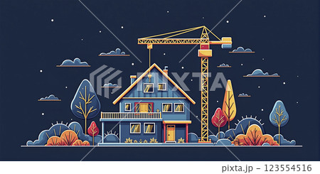 Illustrative graphic depiction of an house construction site, creation of living space and modernization of urban districts 123554516