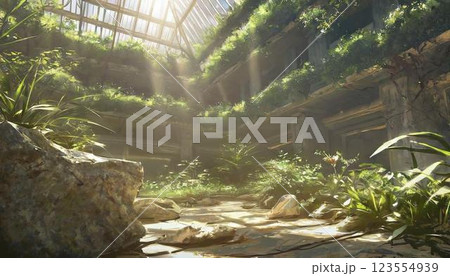 古い施設に苔や草が生えている様子 123554939