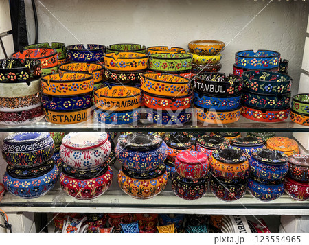 Colorful Ceramic Bowls Displayed in a Market Stall in Istanbul 123554965