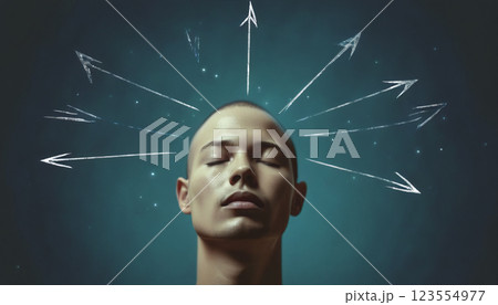 Illustrative graphic depiction of a person surrounded by drawn arrows in different directions, agony of choice and decision making 123554977