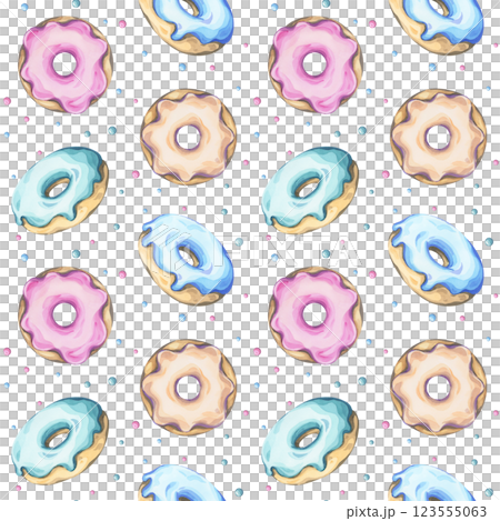 Donuts with colorful glaze hand-drawn seamless watercolor pattern on white background. Donuts with colorful glaze hand-drawn seamless watercolor pattern on white background. 123555063