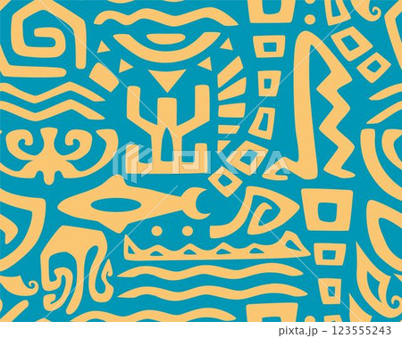 Polynesian motifs. Tiki seamless pattern. Aztec textile print.Geometric, vector background. Suitable for printing on fabric and paper, for parties. Polynesian motifs. Tiki seamless pattern. Aztec textile print.Geometric, vector background. Suitable for printing on fabric and paper, for parties. 123555243