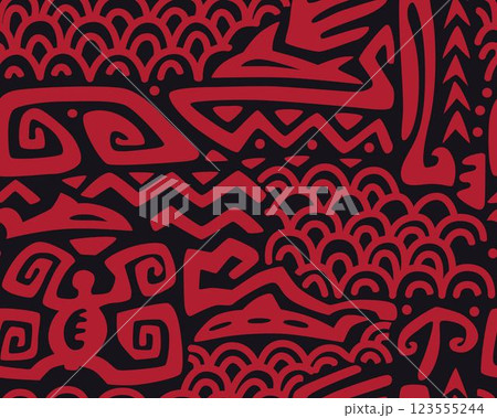 Polynesian motifs. Tiki seamless pattern. Aztec textile print.Geometric, vector background. Suitable for printing on fabric and paper, for parties. Polynesian motifs. Tiki seamless pattern. Aztec textile print.Geometric, vector background. Suitable for printing on fabric and paper, for parties. 123555244
