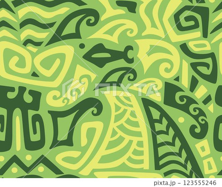 Polynesian motifs. Tiki seamless pattern. Aztec textile print.Geometric, vector background. Suitable for printing on fabric and paper, for parties. Polynesian motifs. Tiki seamless pattern. Aztec textile print.Geometric, vector background. Suitable for printing on fabric and paper, for parties. 123555246