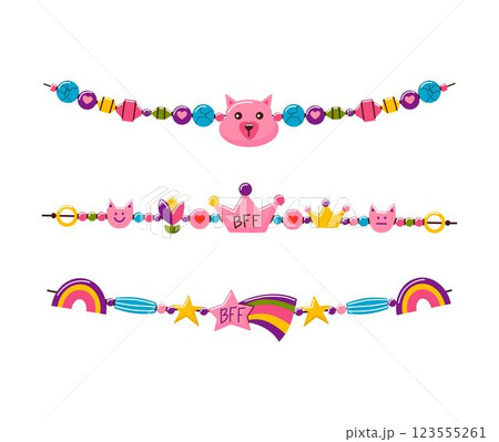 Friendship bracelet vector set. Handmade jewelry. Doodle illustration. 123555261