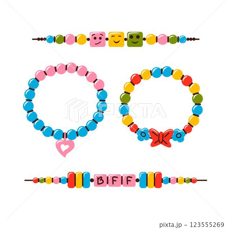 Friendship bracelet vector set. Handmade jewelry. Doodle illustration. 123555269