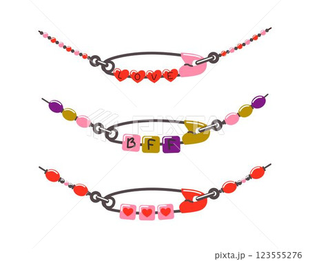 Friendship bracelet vector set. Handmade jewelry. Doodle illustration. 123555276