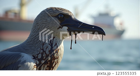 Seabird soiled with crude oil from an oil tanker in its natural environment, oil spill and pollution from heavy oil leaks from damaged oil transport ships 123555335