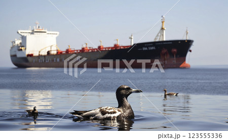 Seabird soiled with crude oil from an oil tanker in its natural environment, oil spill and pollution from heavy oil leaks from damaged oil transport ships 123555336