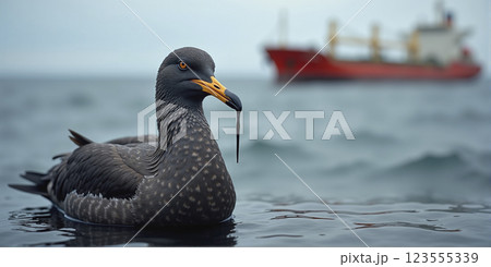 Seabird soiled with crude oil from an oil tanker in its natural environment, oil spill and pollution from heavy oil leaks from damaged oil transport ships 123555339