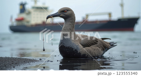Seabird soiled with crude oil from an oil tanker in its natural environment, oil spill and pollution from heavy oil leaks from damaged oil transport ships 123555340
