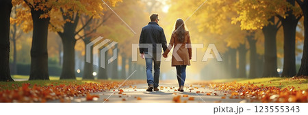 A couple walks comfortably along a hiking trail on an autumn day and enjoys the fall and the colorful leaves - ai generated 123555343