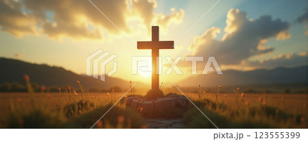 Silhouetted christian cross silhouette with glowing light - ai generated Silhouetted christian cross silhouette with glowing light - ai generated 123555399