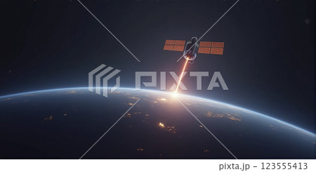 illustrative representation of a satellite receiving, transmitting and relaying signals from the earth's surface - ai generated 123555413