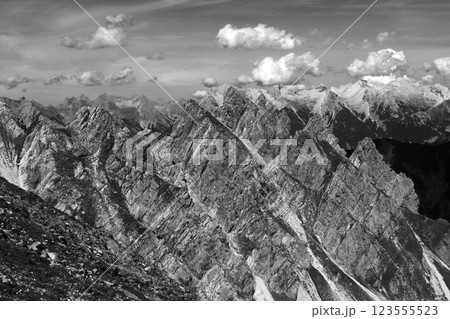 Panoramic view Freyungen mountains  from Nordlinger hut on Karwendel Hohenweg, Austria 123555523