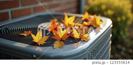 Air conditioning that is attached to the outside of the house and is covered with leaves in the fall and needs to be cleaned 123555614