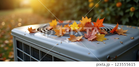 Air conditioning that is attached to the outside of the house and is covered with leaves in the fall and needs to be cleaned 123555615