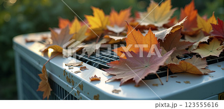 Air conditioning that is attached to the outside of the house and is covered with leaves in the fall and needs to be cleaned 123555616