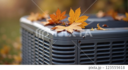 Air conditioning that is attached to the outside of the house and is covered with leaves in the fall and needs to be cleaned 123555618