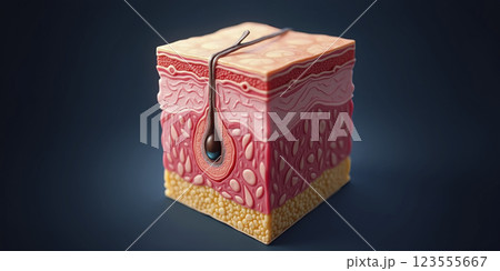 Skin part with a cross section of the human skin with hair follicle and different skin layers Skin part with a cross section of the human skin with hair follicle and different skin layers 123555667