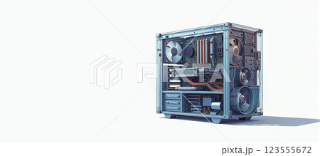 Illustrative representation of a transparent modern high end computer with all its parts, processes and components in a professional computing machine Illustrative representation of a transparent modern high end computer with all its parts, processes and components in a professional computing machine 123555672