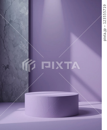 Minimalist purple podium with spotlight and textured wall 123555719